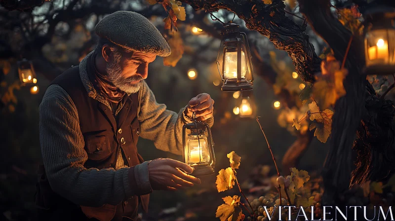 Man with Lantern in Vineyard AI Image