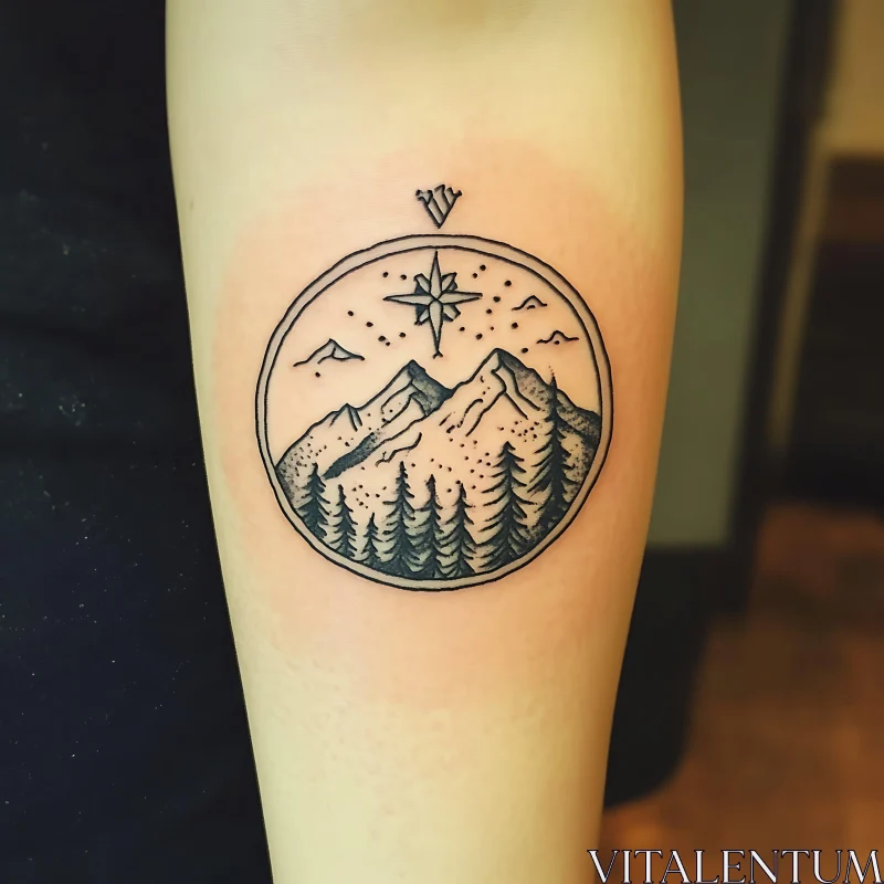 Circular Nature Tattoo with Mountains and Compass AI Image