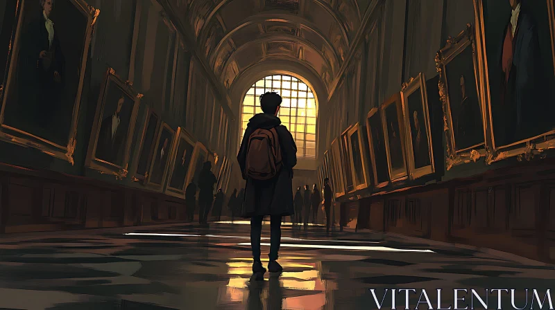 Backpack Wearer in Sunlit Portrait Hall AI Image