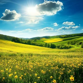 Yellow Flower Meadow with Green Hills