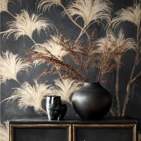 Dark Vases on Table with Floral Wallpaper