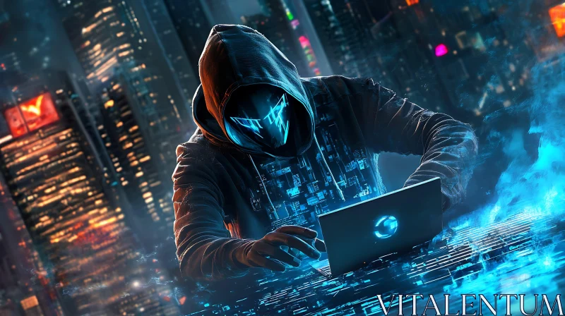 AI ART Hooded Hacker in Futuristic City