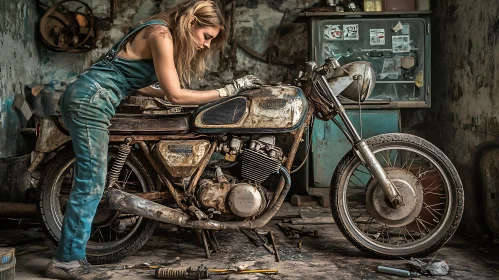 Woman Mechanic Restoring Classic Motorcycle