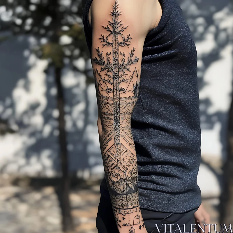 Detailed Arm Tattoo with Tree and Artistic Patterns AI Image