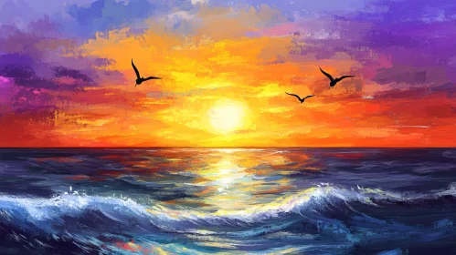 Sunset Over Ocean with Birds