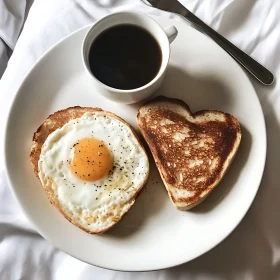 Breakfast in Bed with Coffee, Egg, and Heart-Shaped Toast