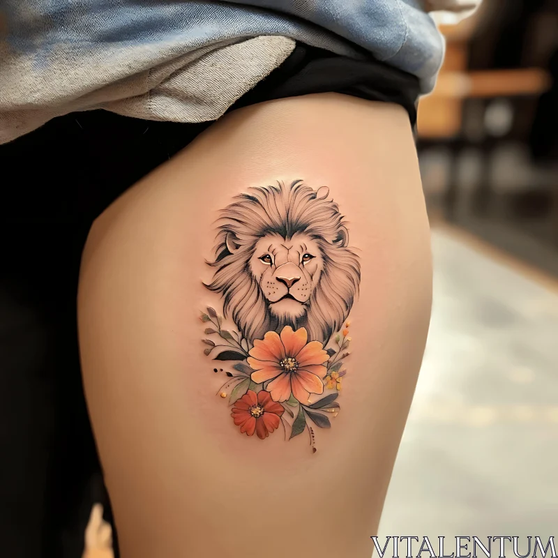 Lion Head and Orange Floral Tattoo AI Image