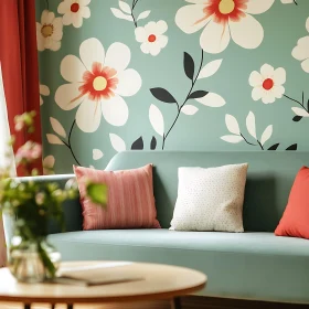 Blue Couch with Floral Wallpaper