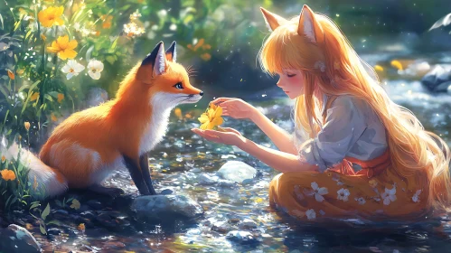 Anime Style Fox and Girl with Flower