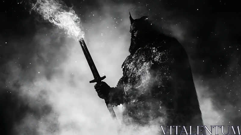 AI ART Monochrome Warrior with Sword and Smoke