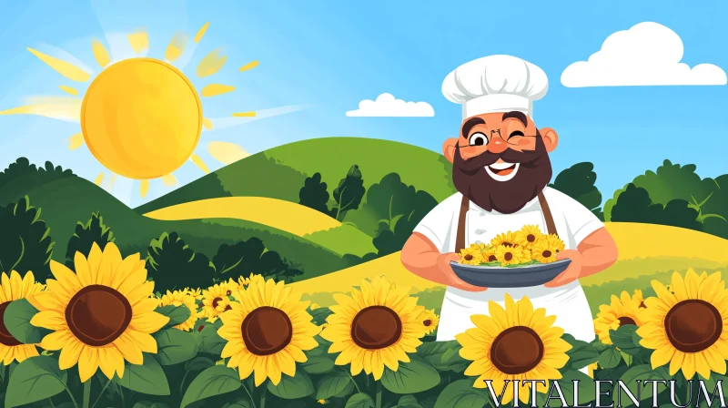 Happy Bearded Chef Among Sunflowers AI Image