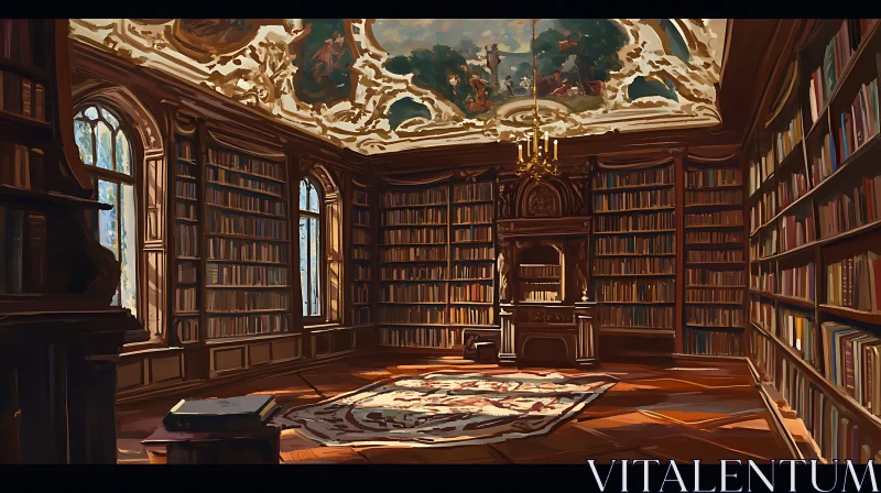 Sunlit Grand Library with Bookshelves AI Image