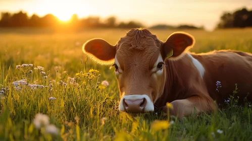 Peaceful Cow Portrait at Sunset