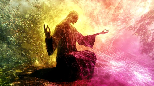 Mystic Seated Figure Amidst Swirling Colors