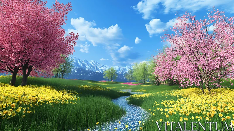 Pink Blossom Trees and Yellow Flowers Field AI Image