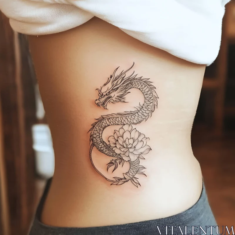 Mythical Dragon with Floral Tattoo AI Image