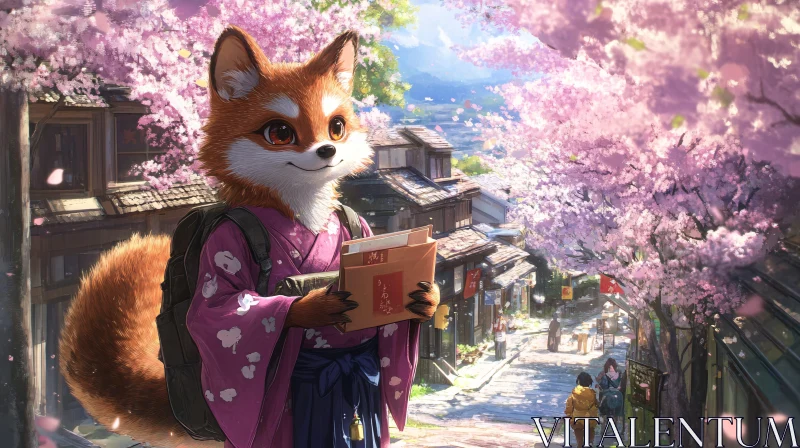 Charming Fox in Kimono with Sakura AI Image