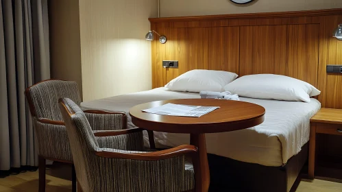 Calm Hotel Room with Bed and Chairs