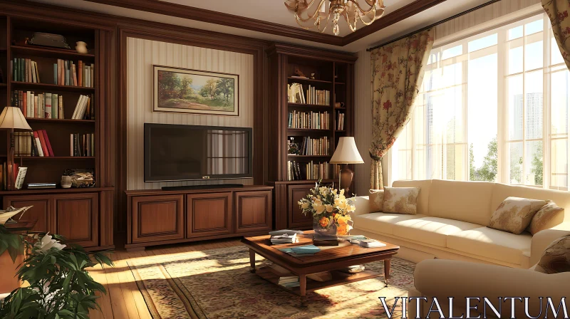 Sunlit Living Room with Bookshelves AI Image