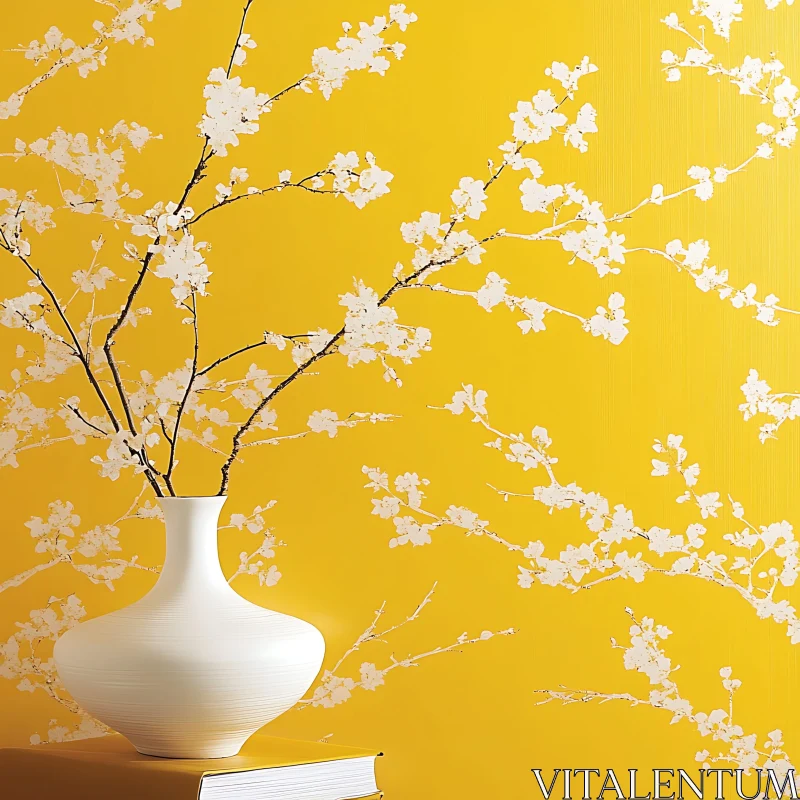 White Blossoms in Vase on Yellow AI Image