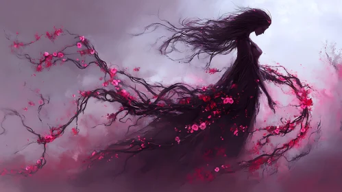 Silhouette of Woman with Cherry Blossoms