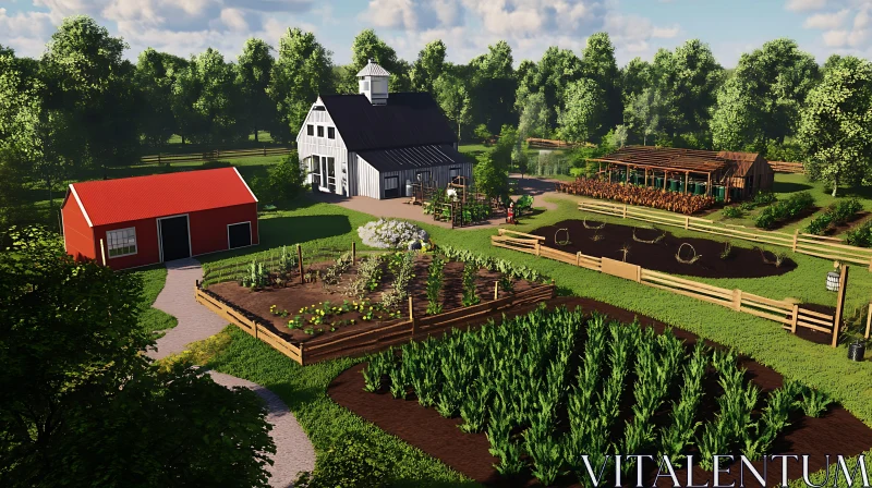 Farm with buildings and cultivated fields AI Image