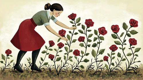 Woman in Rose Garden Artwork