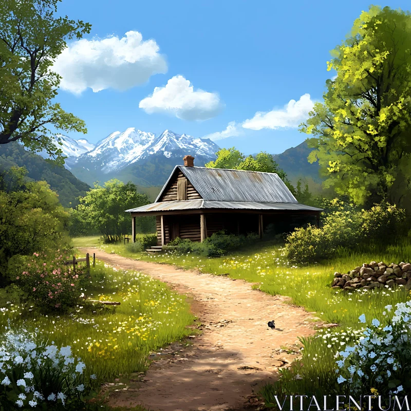 Rustic Cabin in a Mountainous Landscape AI Image