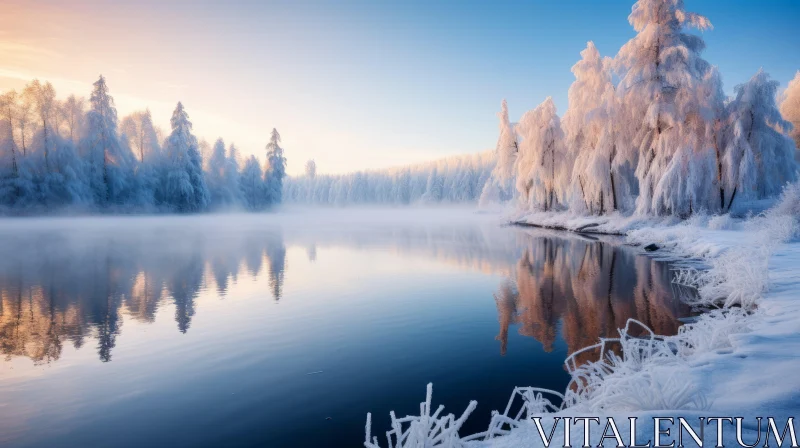 Enchanting Winter Scene of a Misty Frozen Lake and Trees AI Image