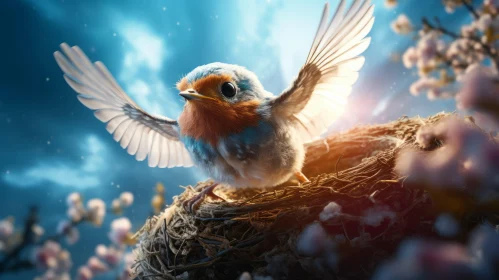 Nature-Inspired Fantasy Art - Bird in Nest with Spread Wings