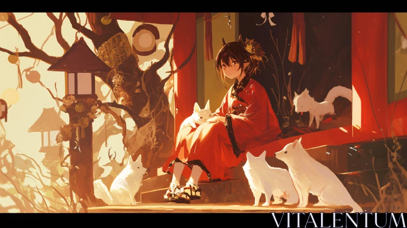 Japanese Anime Girl with Fox Companions AI Image