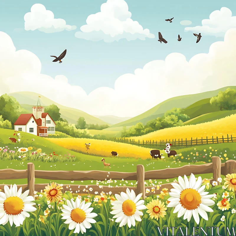 Idyllic Countryside Scene with Cows and Birds AI Image