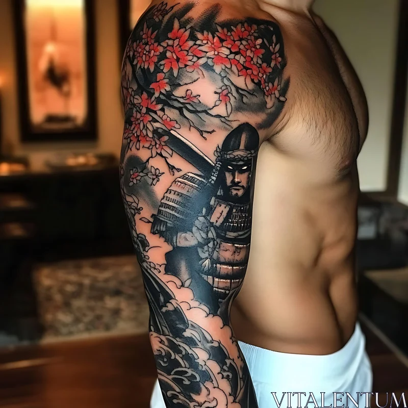 Japanese Samurai Tattoo with Cherry Blossoms AI Image