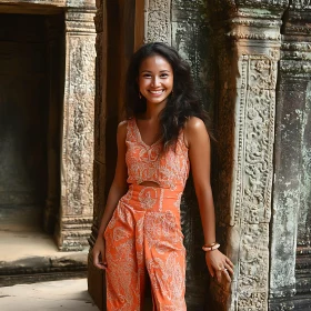 Woman in Orange Outfit Near Carved Wall