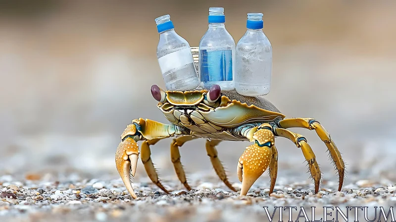 Beach Crab with Plastic Bottles AI Image