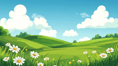 Whimsical Green Hills Landscape with Flowers