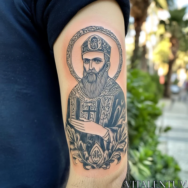 Intricate Religious Figure Tattoo on Arm AI Image