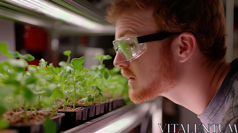 Man Inspecting Seedlings in Greenhouse AI Image