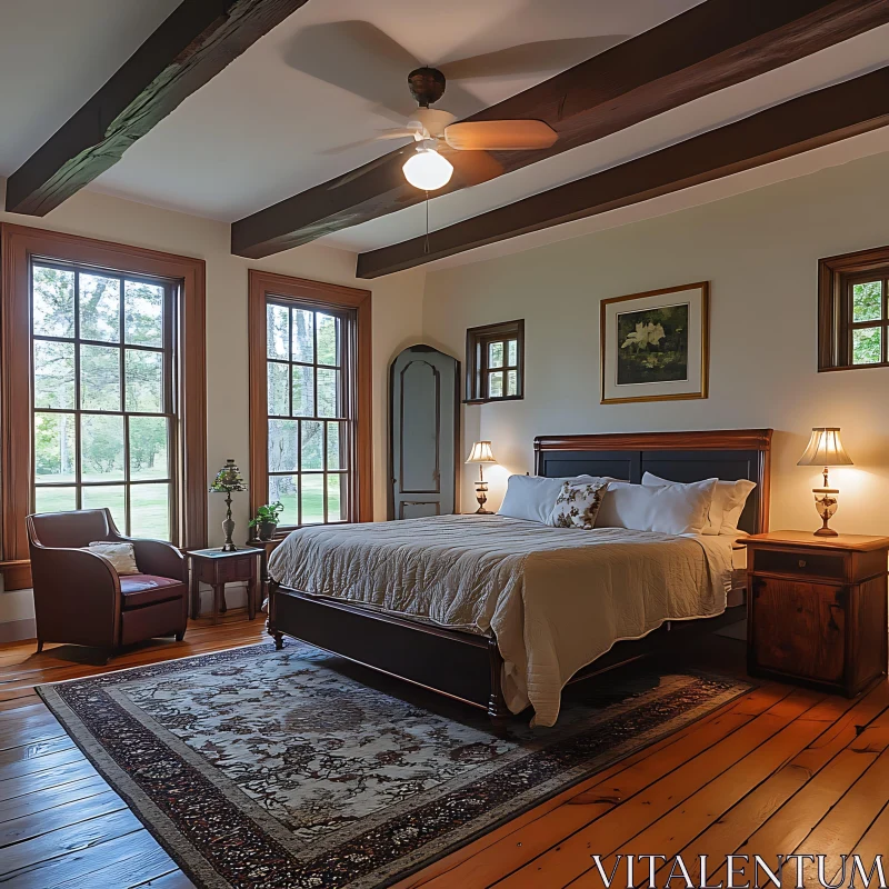 AI ART Cozy Bedroom with Natural Light and Wooden Accents