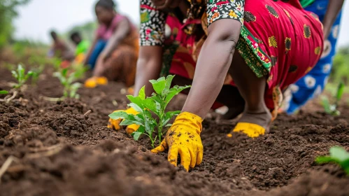 Seedlings Planting by Women in Field