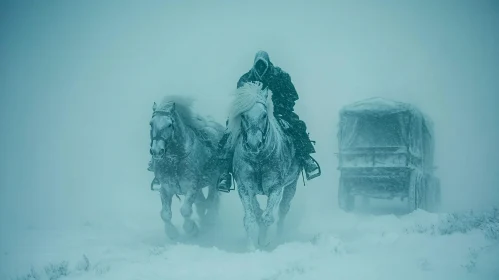 Snowy Ride with White Horses