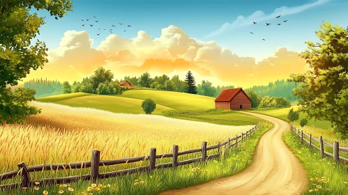 Golden Wheat Field and Rustic Barn View