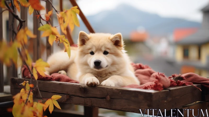 Charming Puppy on Wooden Bed with Japanese Influence AI Image