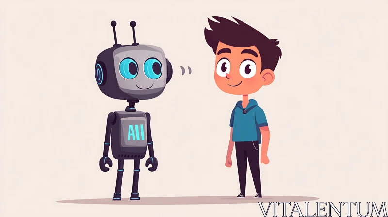 AI ART Cartoon Boy with AI Robot Friend