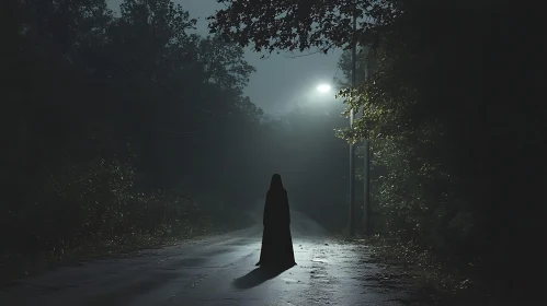 Shrouded Figure on Foggy Road