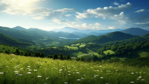 Dreamy Mountain Vistas with Wild Daisies in Southern Countryside