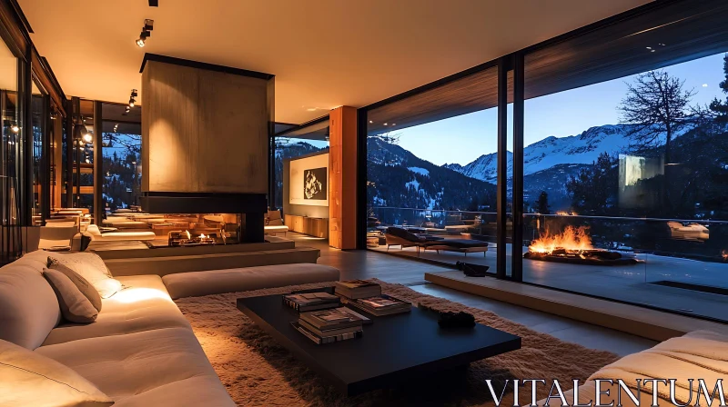 Luxury Living Room with Mountain Scenery AI Image