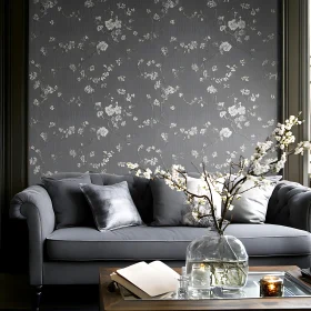 Gray Sofa and Floral Wallpaper Interior