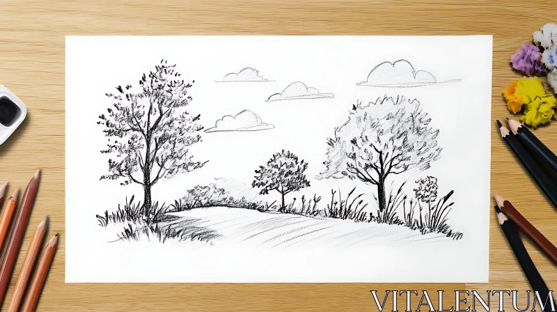 Serene Landscape Charcoal Drawing AI Image