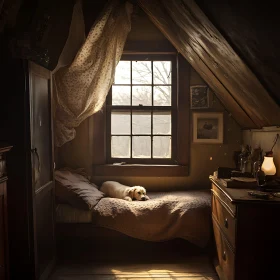 Golden Puppy Napping in Sunny Attic